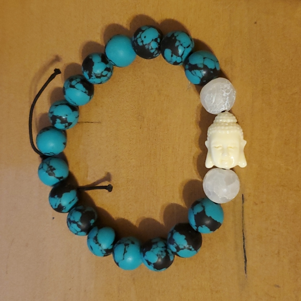 Turquoise Black White 10mm Stone Bead Bracelet Buddah Head Bead